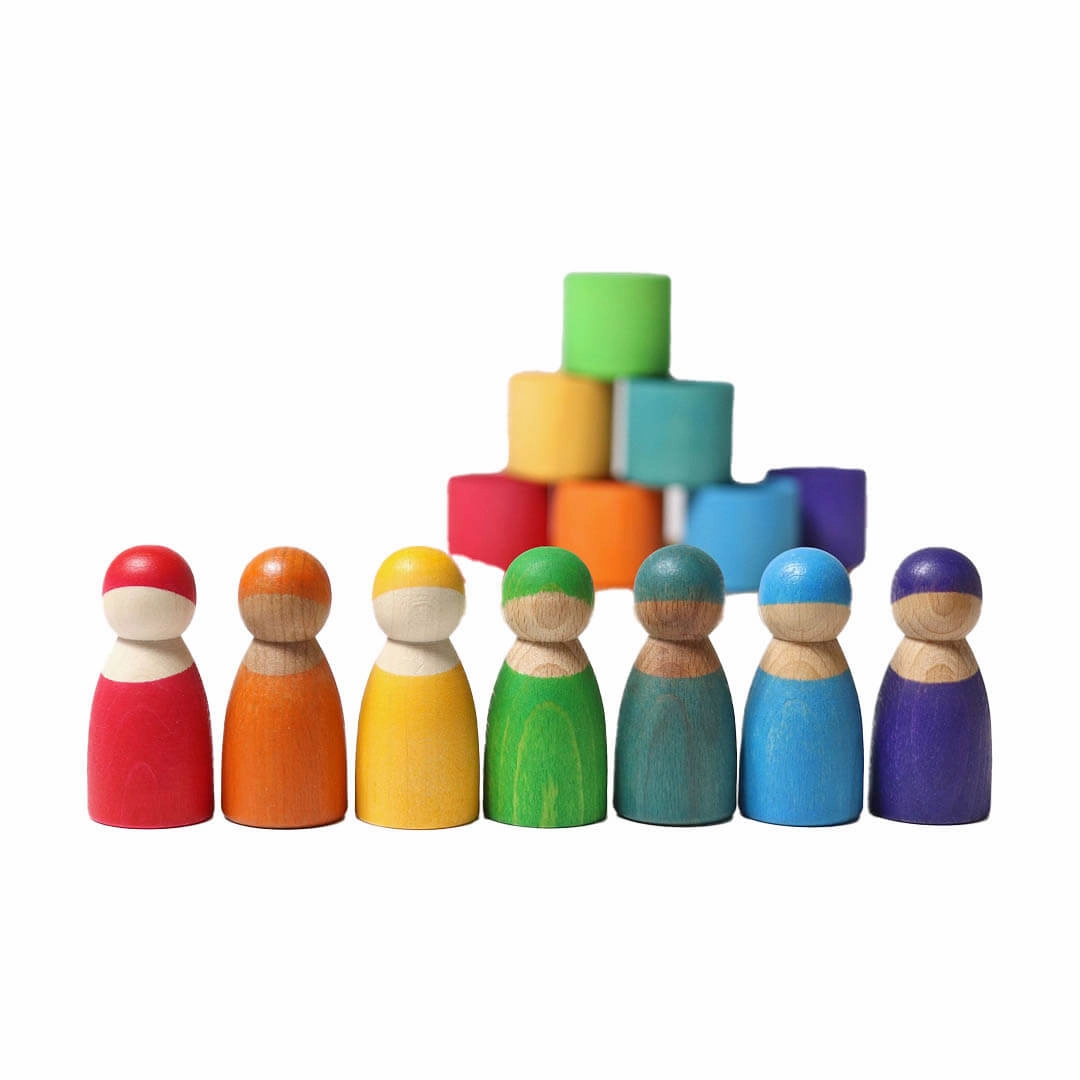 7 Rainbow Wooden Peg Dolls in Bowls