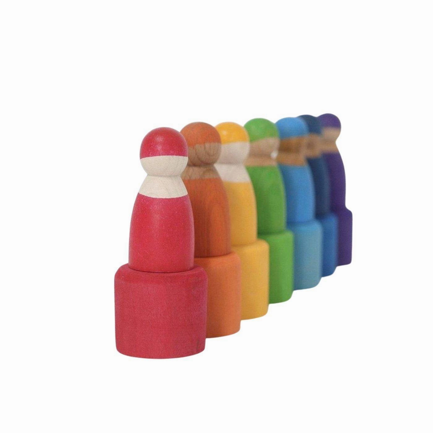 7 Rainbow Wooden Peg Dolls in Bowls