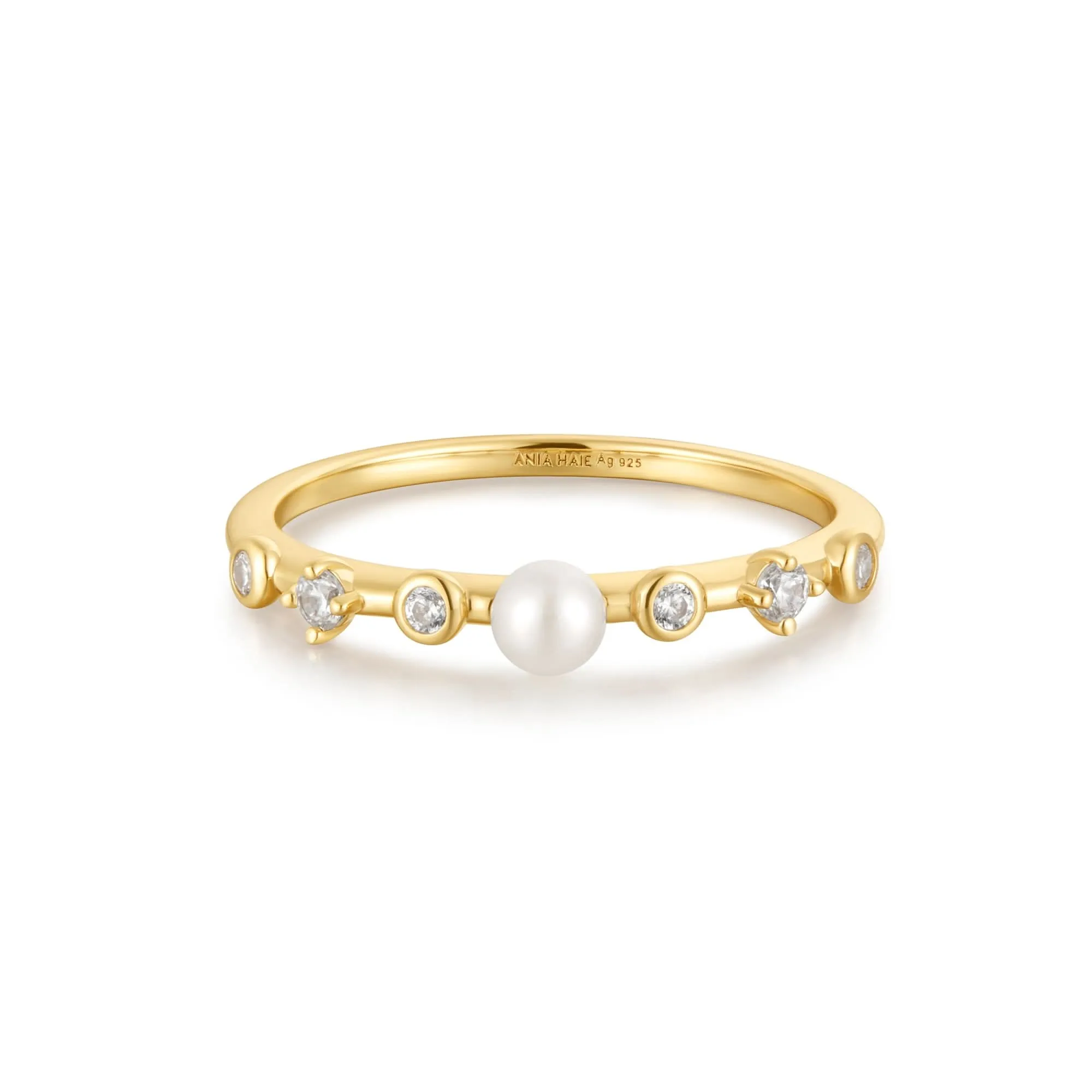 Ania Haie Gold Freshwater Pearl White Cubic Zirconia Bezel Set Ring R058-04G Ania Haie Jewellery