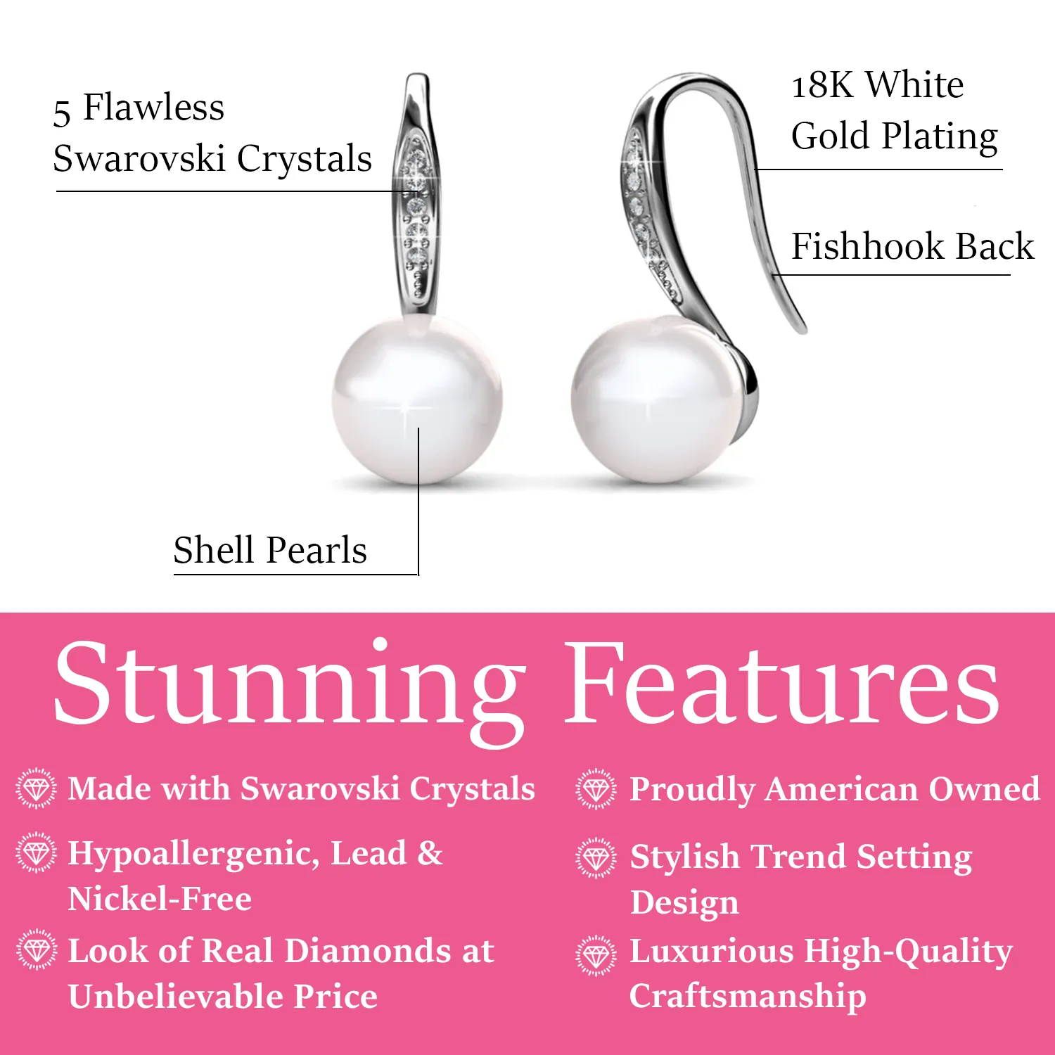 Ann 18k White Gold Freshwater Pearl Drop Earrings with Swarovski Crystals