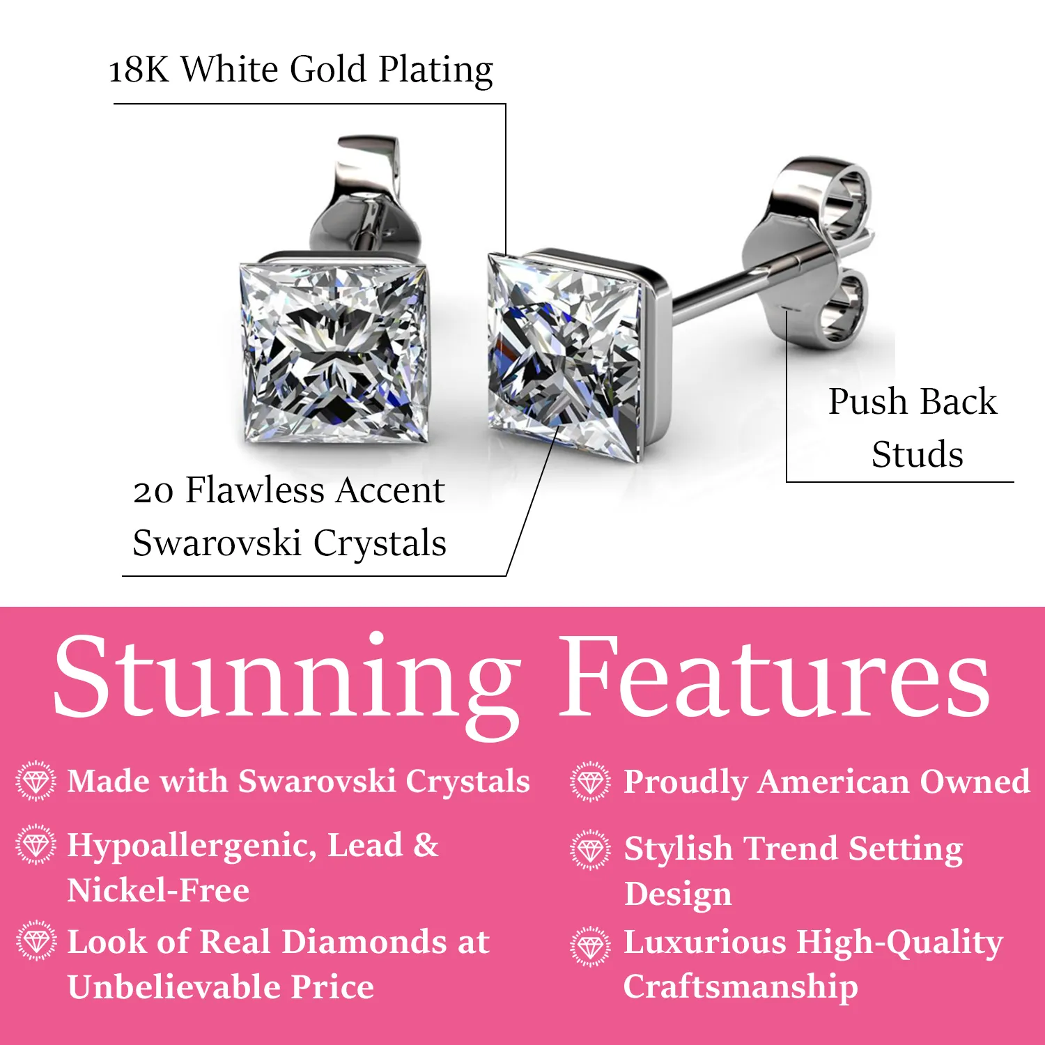 Brooke 18k White Gold Plated Stud Earrings with Princess Cut Swarovski Crystals