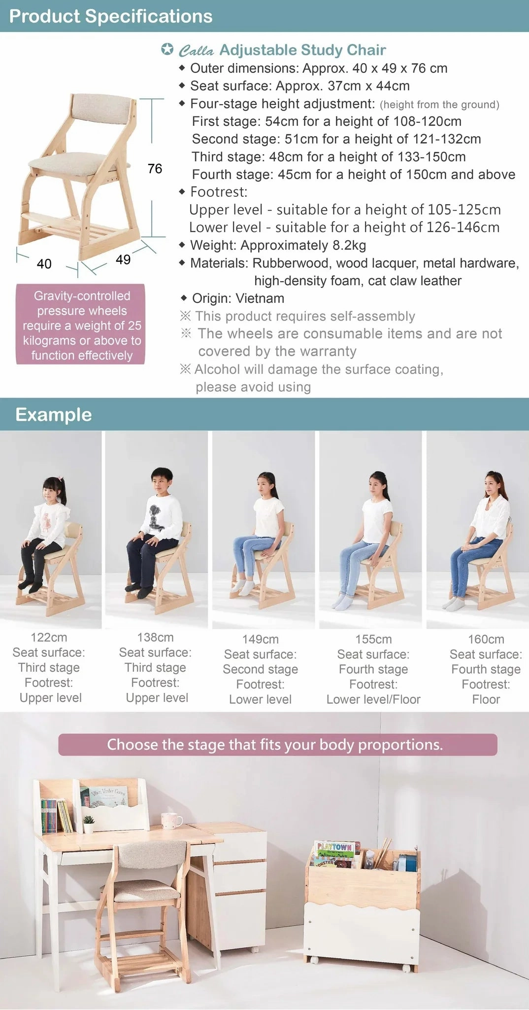 Calla Adjustable Solid Wood Chair for Kids - 4 Height Settings, Easy-to-Clean Fabric