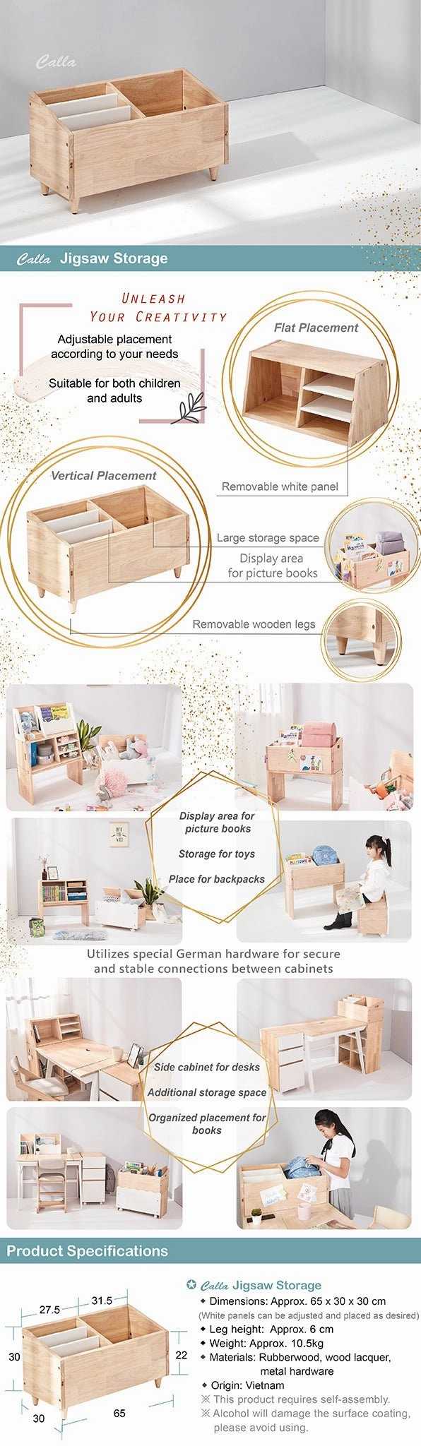 Calla Flip Ladder Jigsaw Storage - Solid Wood, Removable Legs, 3 Shelves