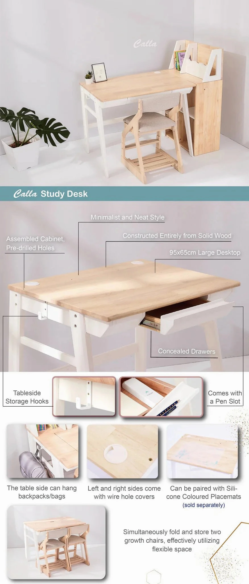 Calla Solid Wood Growth Desk - Flat-Storage Drawer - Natural Color