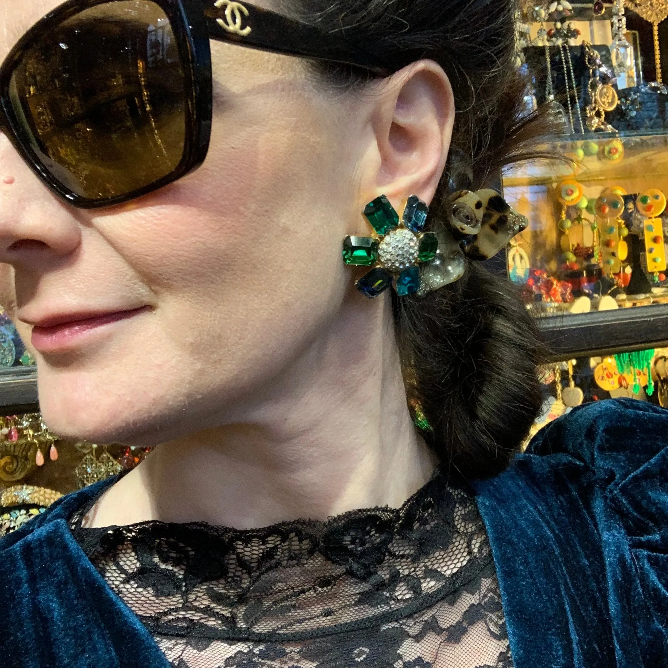 Ciner large green clip on earrings