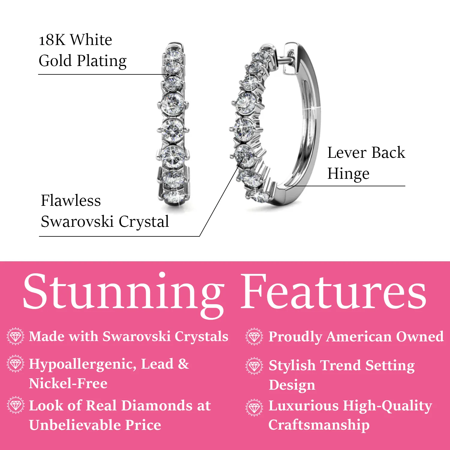 Claire 18k White Gold Plated 20mm Hoop Earrings with Swarovski Crystals