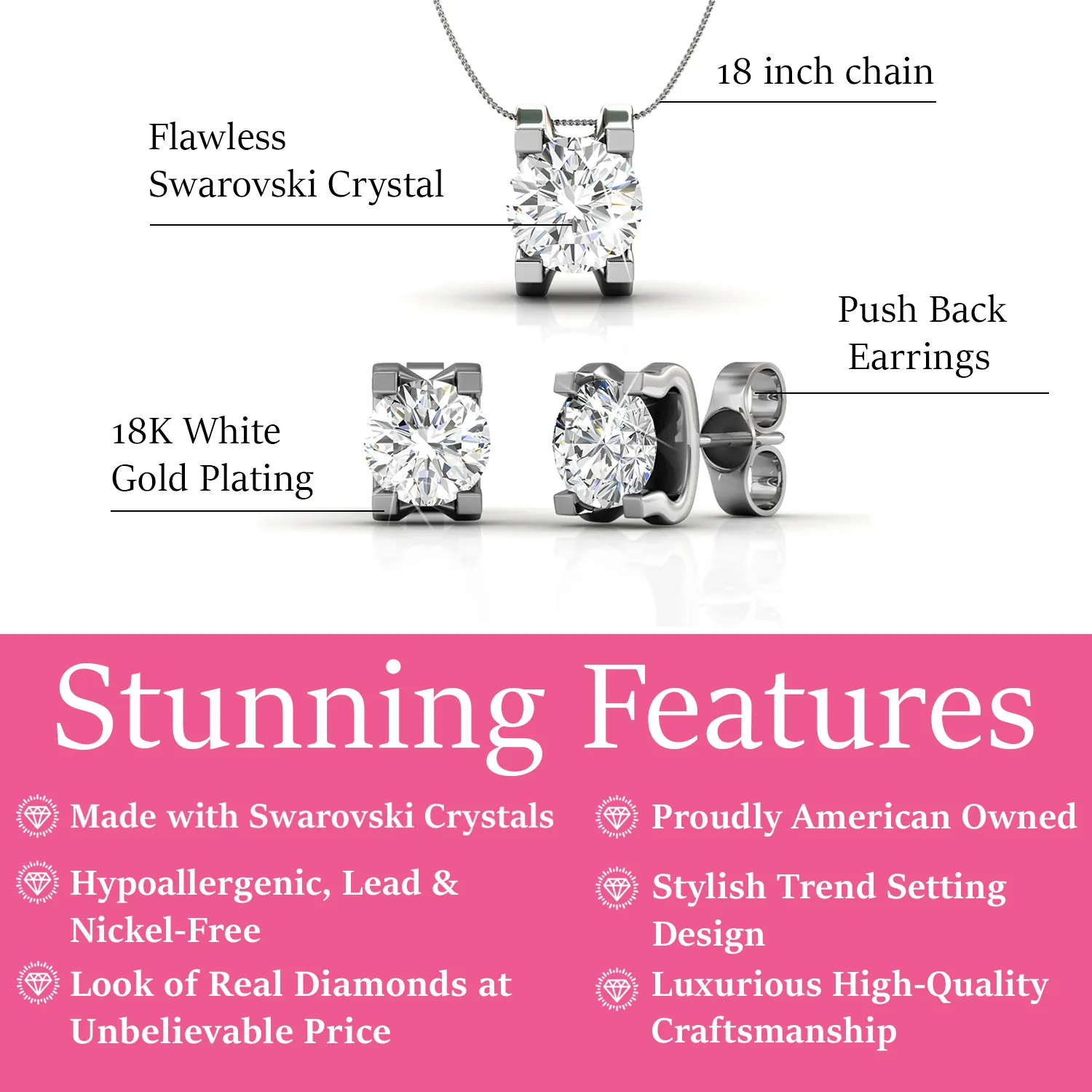 Clara 18k White Gold Plated Necklace and Earrings Jewelry Set with Solitaire Round Cut Swarovski Crystal — Final Sale