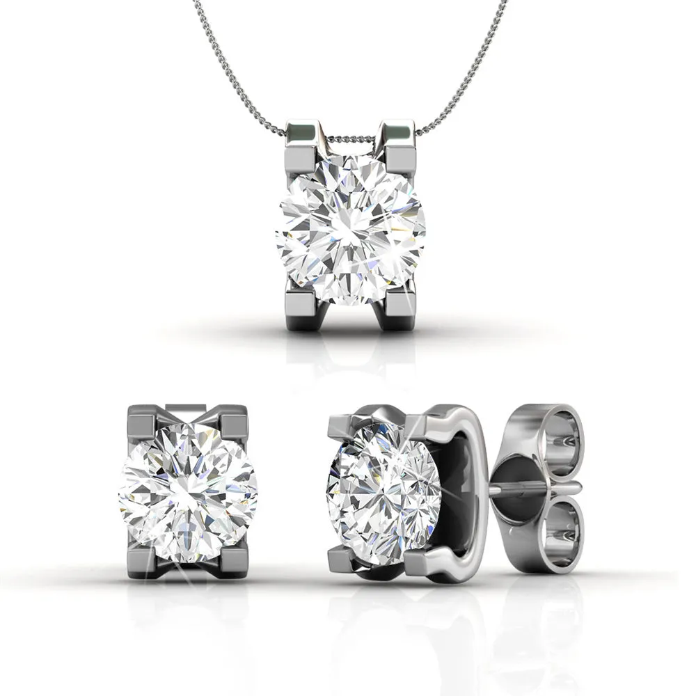 Clara 18k White Gold Plated Necklace and Earrings Jewelry Set with Solitaire Round Cut Swarovski Crystal — Final Sale