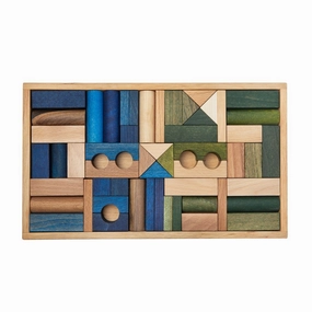 Cool Colored Wooden Block Set with Storage Tray - 54 Pieces