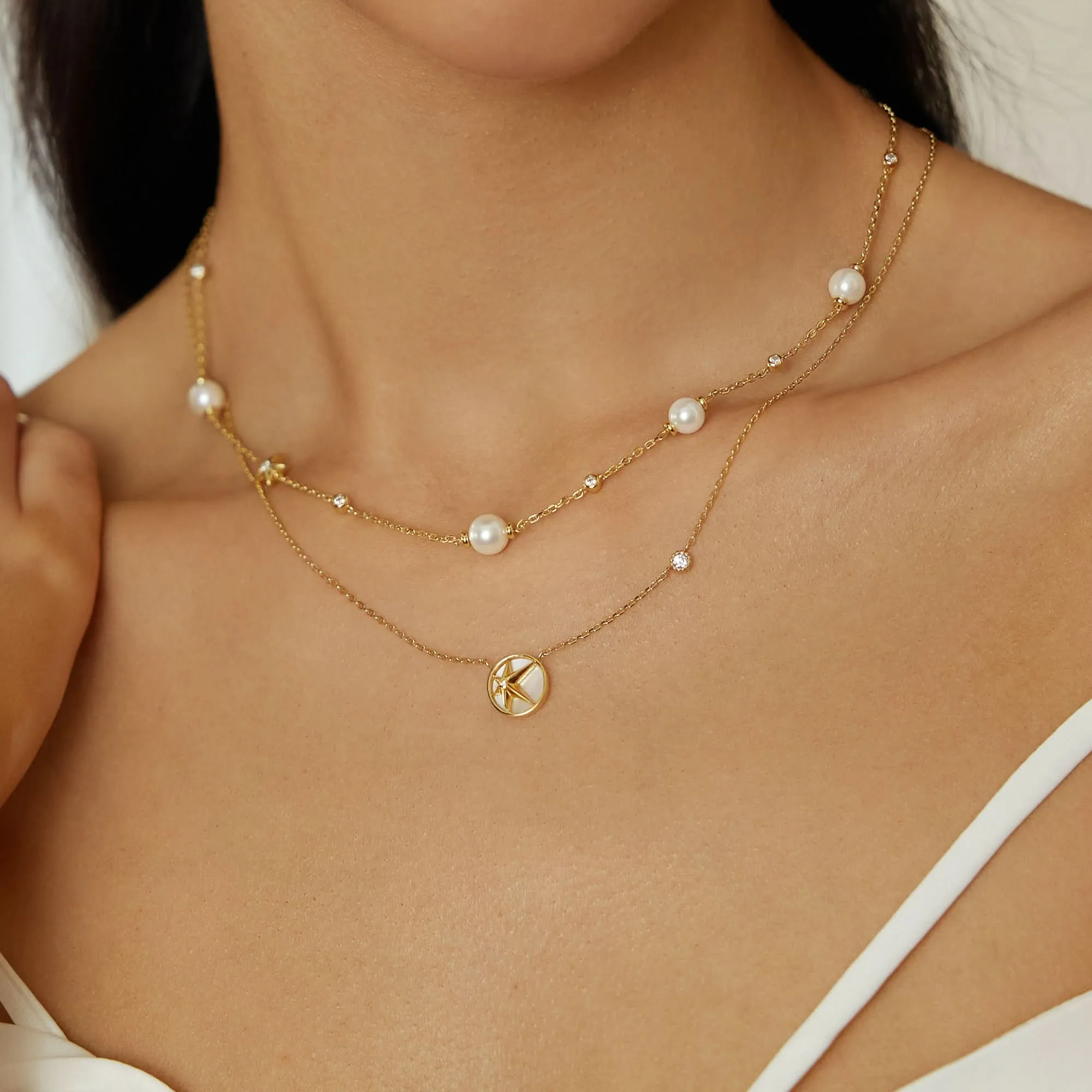 Gold Pearl and Star Station Necklace N065-09G Ania Haie Jewellery