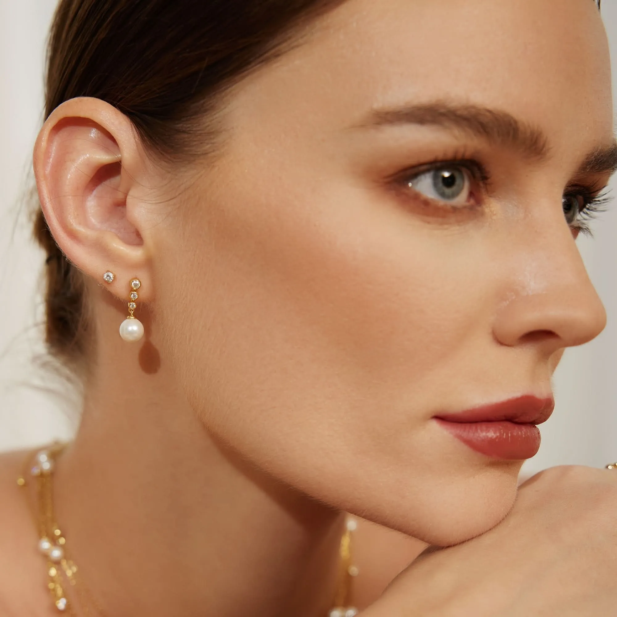 Gold Tennis Beaded Stone Pearl Drop Stud Earrings E065-03G Ania Haie Jewellery