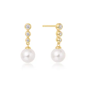 Gold Tennis Beaded Stone Pearl Drop Stud Earrings E065-03G Ania Haie Jewellery