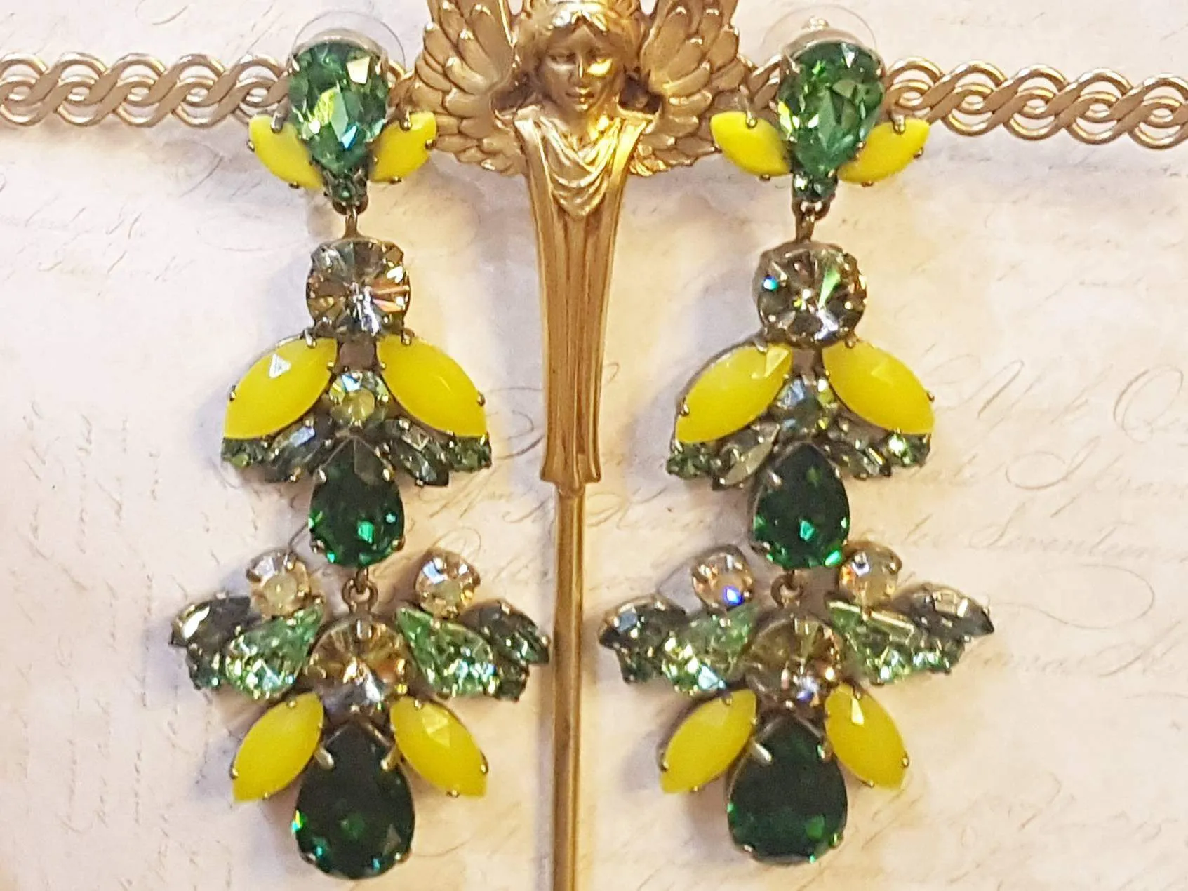 Green Yellow Statement Earrings Swarovski Crystal Chandelier Pierced by Frangos