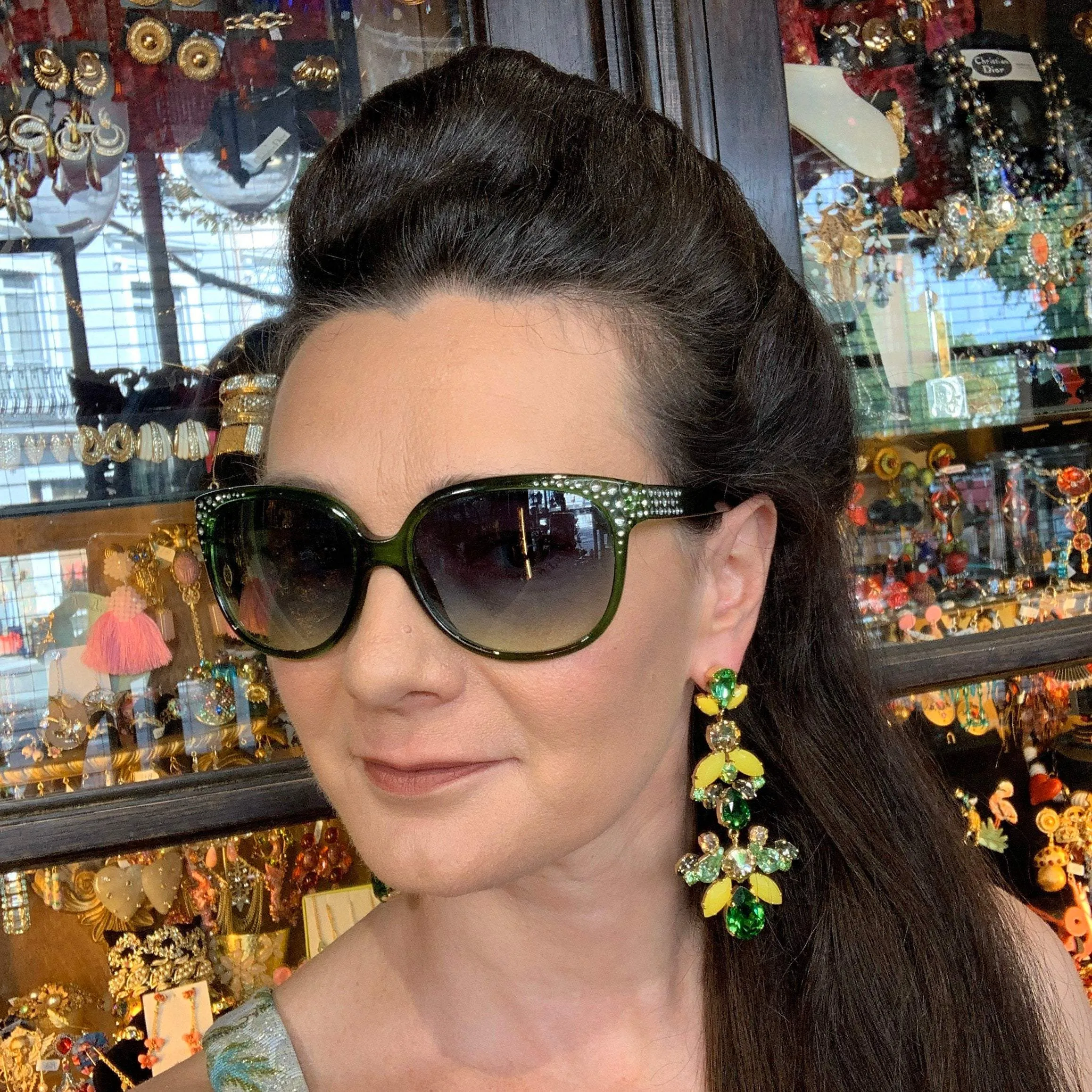 Green Yellow Statement Earrings Swarovski Crystal Chandelier Pierced by Frangos
