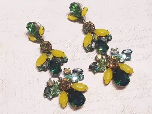 Green Yellow Statement Earrings Swarovski Crystal Chandelier Pierced by Frangos