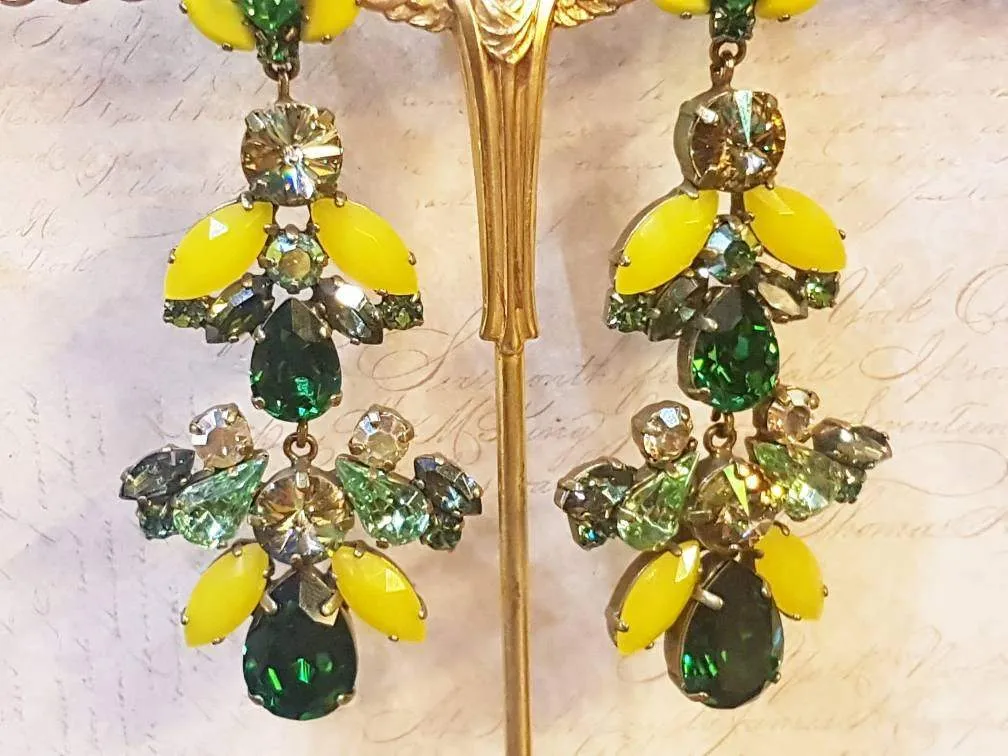 Green Yellow Statement Earrings Swarovski Crystal Chandelier Pierced by Frangos