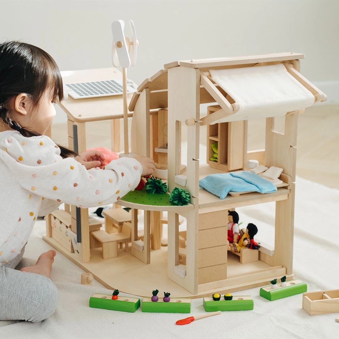 Green Wooden Dollhouse With Furniture