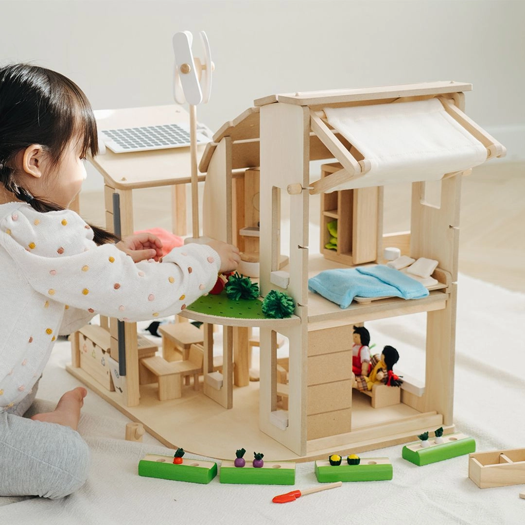 Green Wooden Dollhouse With Furniture
