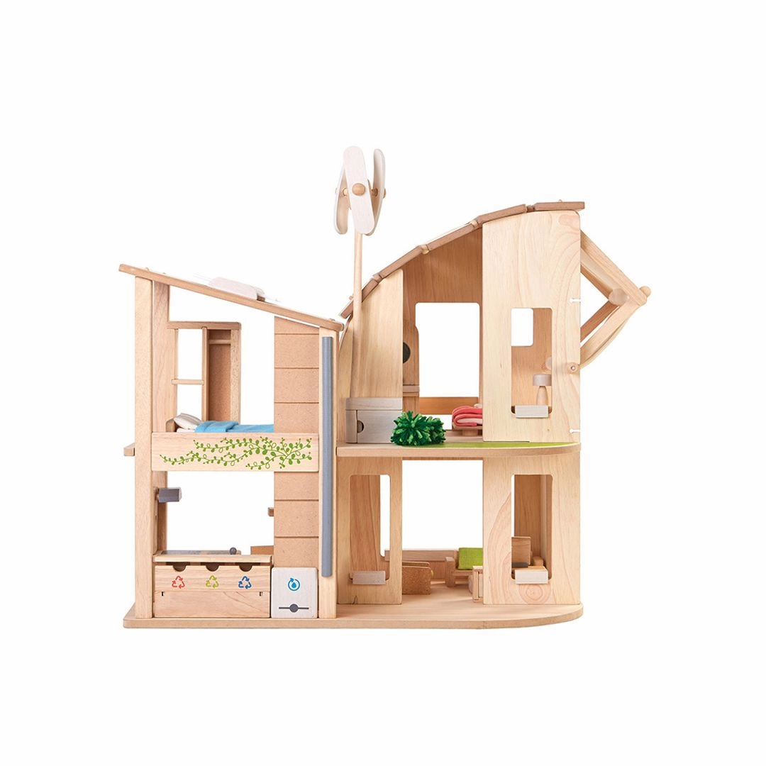 Green Wooden Dollhouse With Furniture