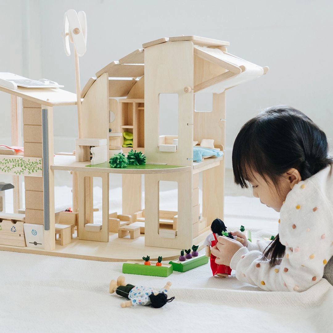 Green Wooden Dollhouse With Furniture