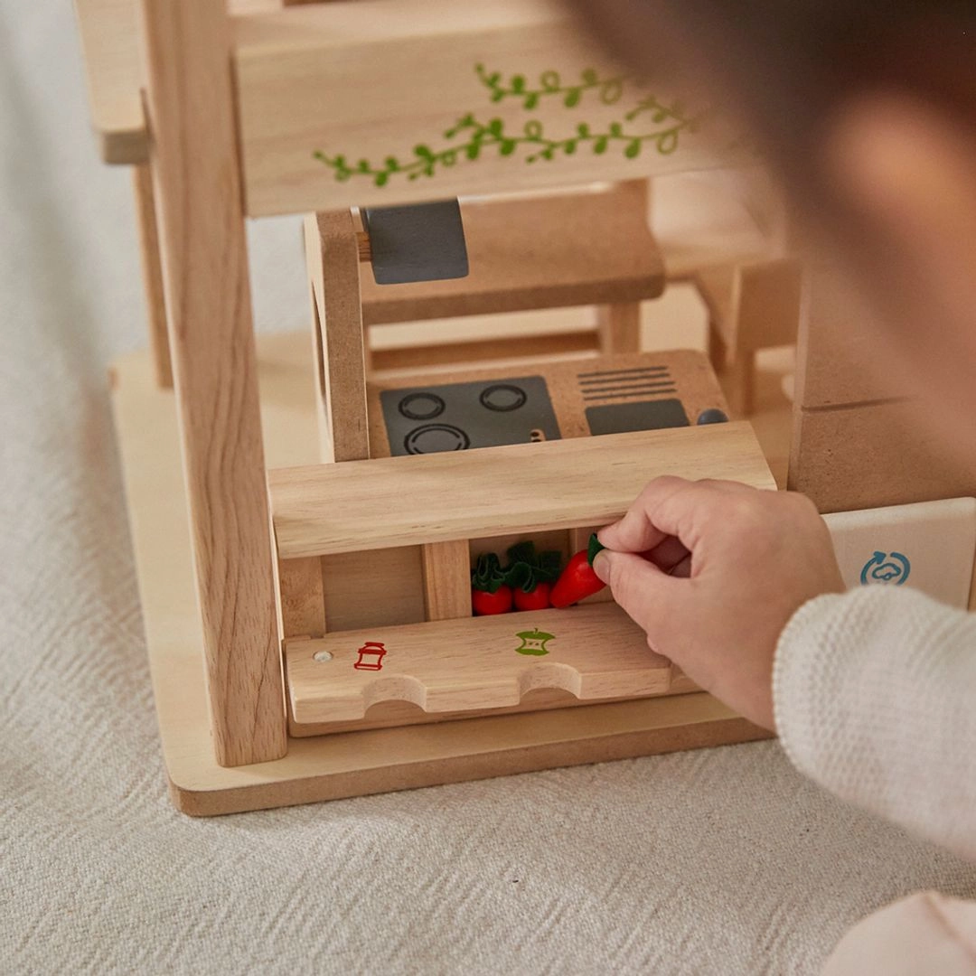Green Wooden Dollhouse With Furniture