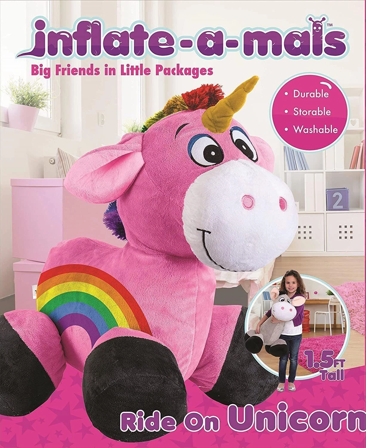 Inflate-A-Mals Soft and Cuddly Inflatable Ride On Unicorn, 20-Inch, Pink with Rainbow