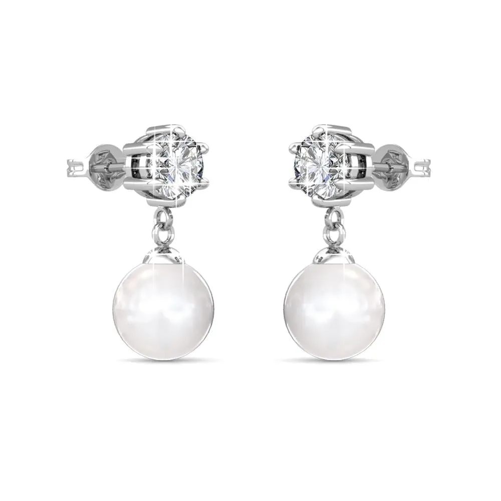 June 18k White Gold Plated Pearl Drop Earrings with Swarovski Crystals