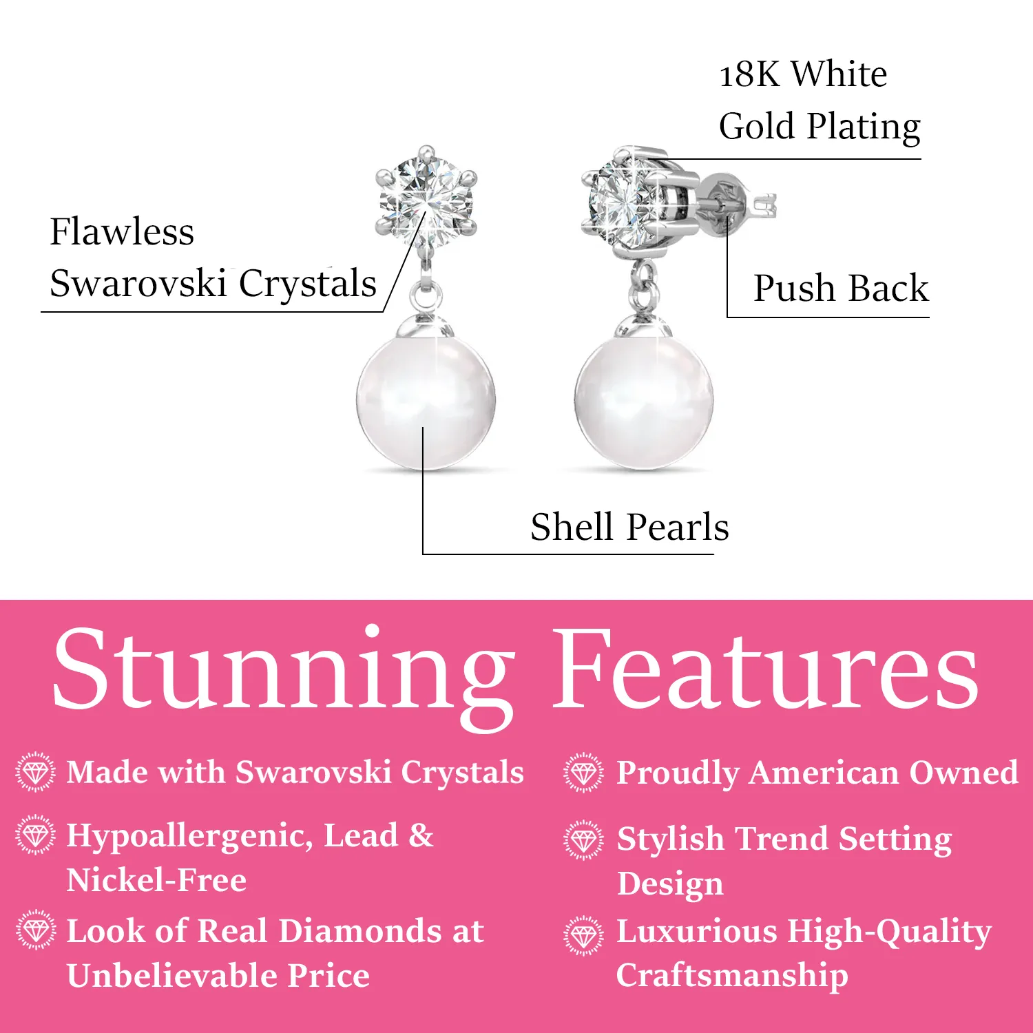 June 18k White Gold Plated Pearl Drop Earrings with Swarovski Crystals