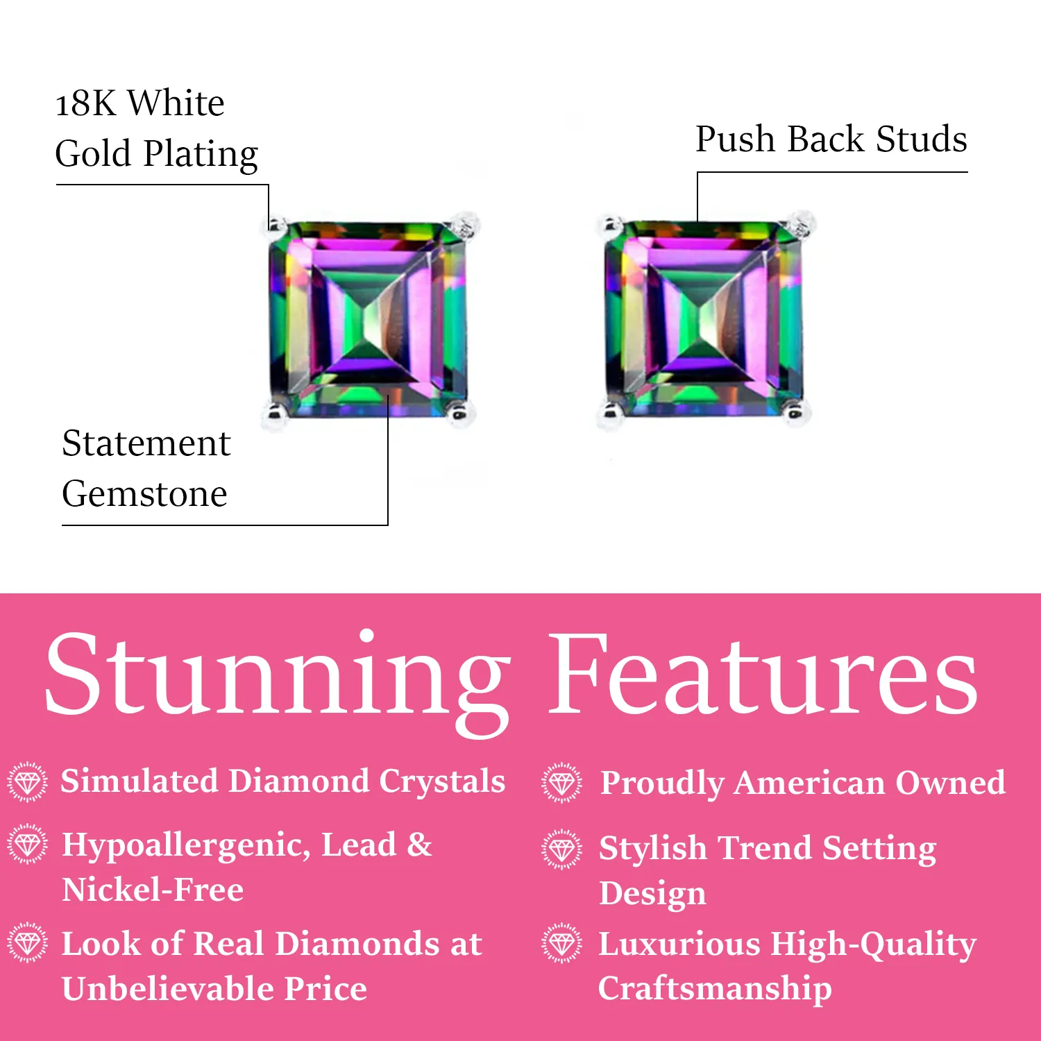 Magnolia 18k White Gold Plated Solitaire Stud Earrings with 1ct Simulated Diamond Crystals