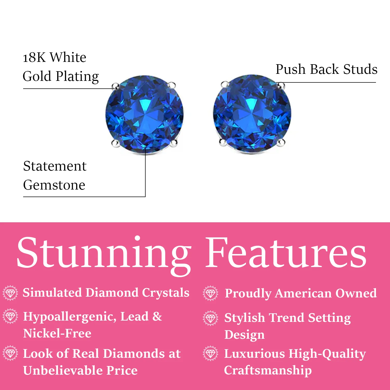 Magnolia 18k White Gold Plated Solitaire Stud Earrings with 1ct Simulated Diamond Crystals