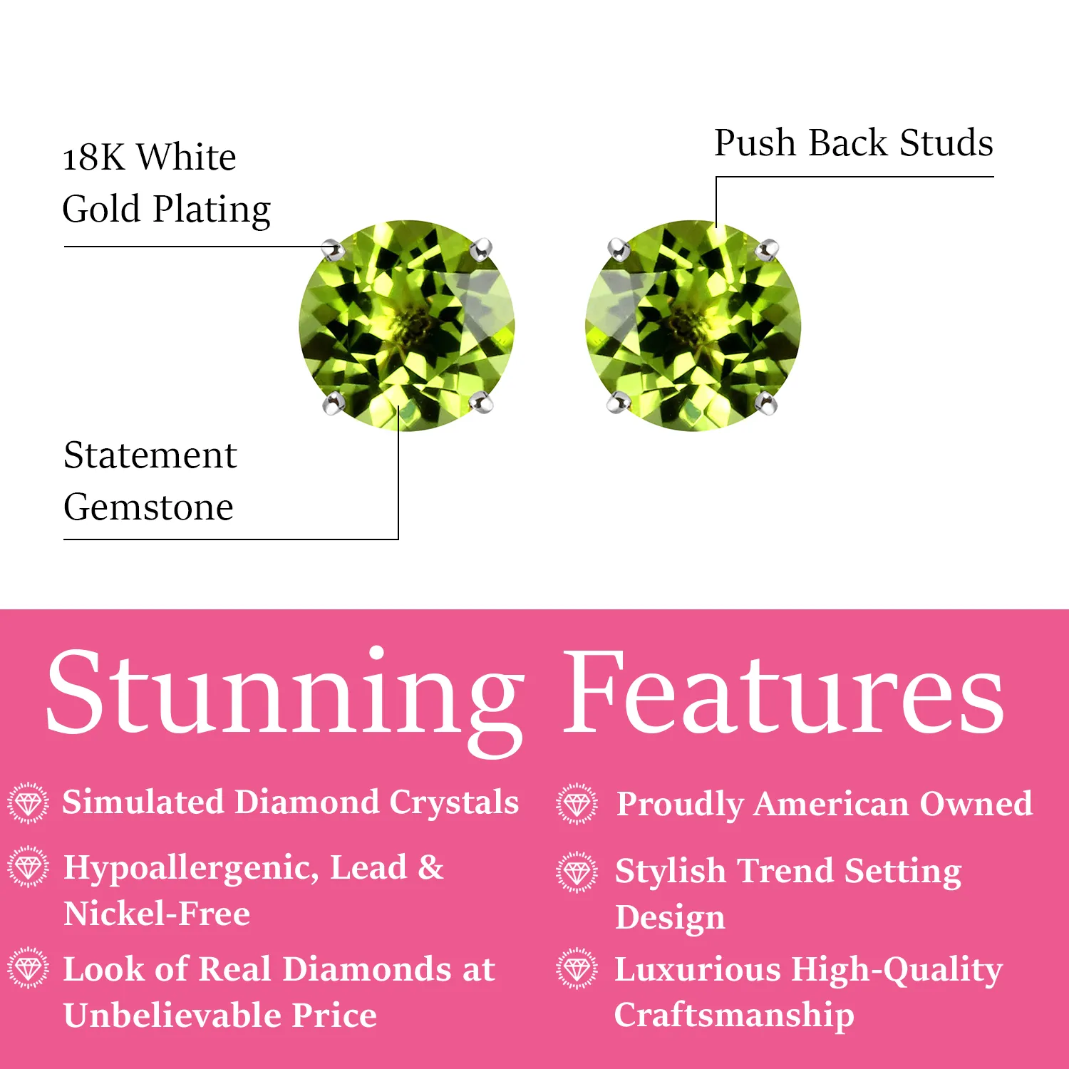 Magnolia 18k White Gold Plated Solitaire Stud Earrings with 1ct Simulated Diamond Crystals