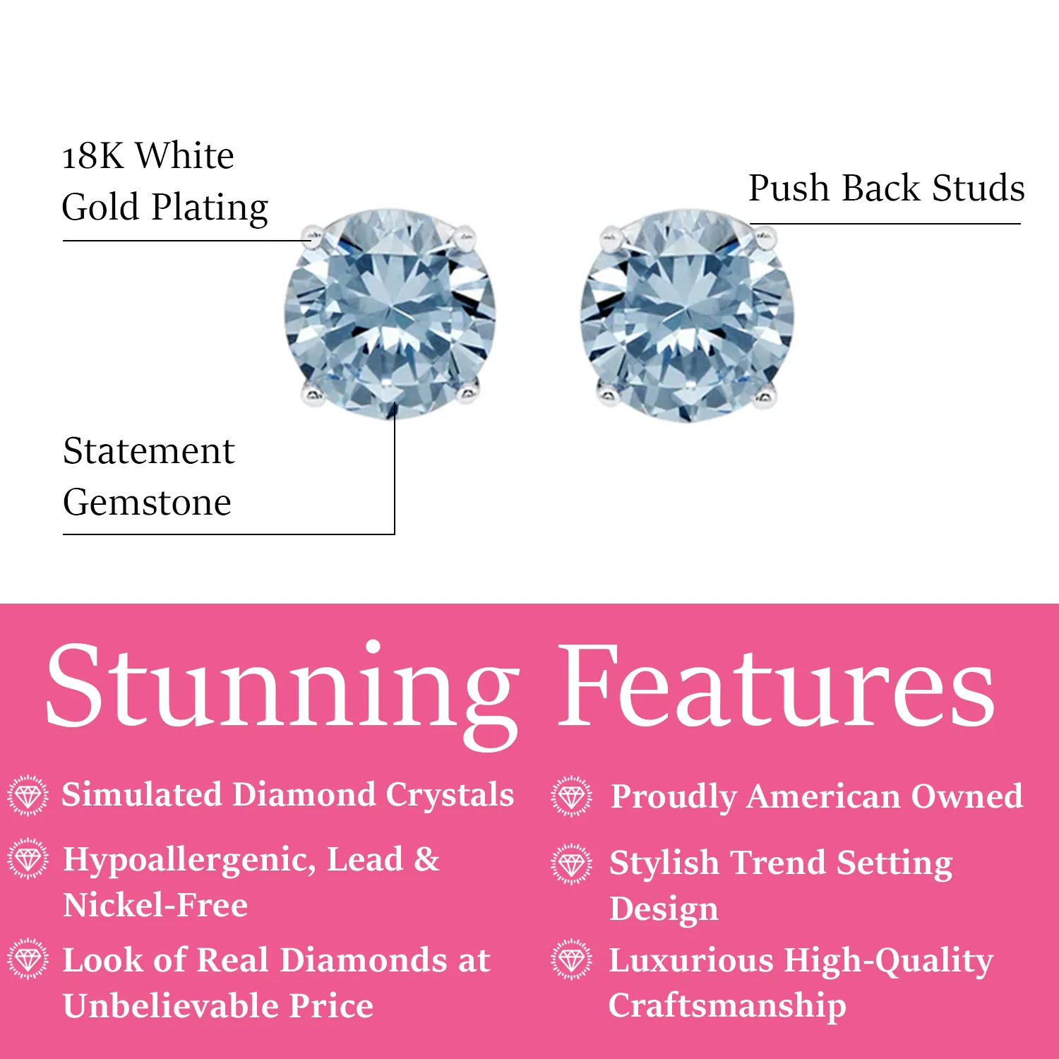 Magnolia 18k White Gold Plated Solitaire Stud Earrings with 1ct Simulated Diamond Crystals