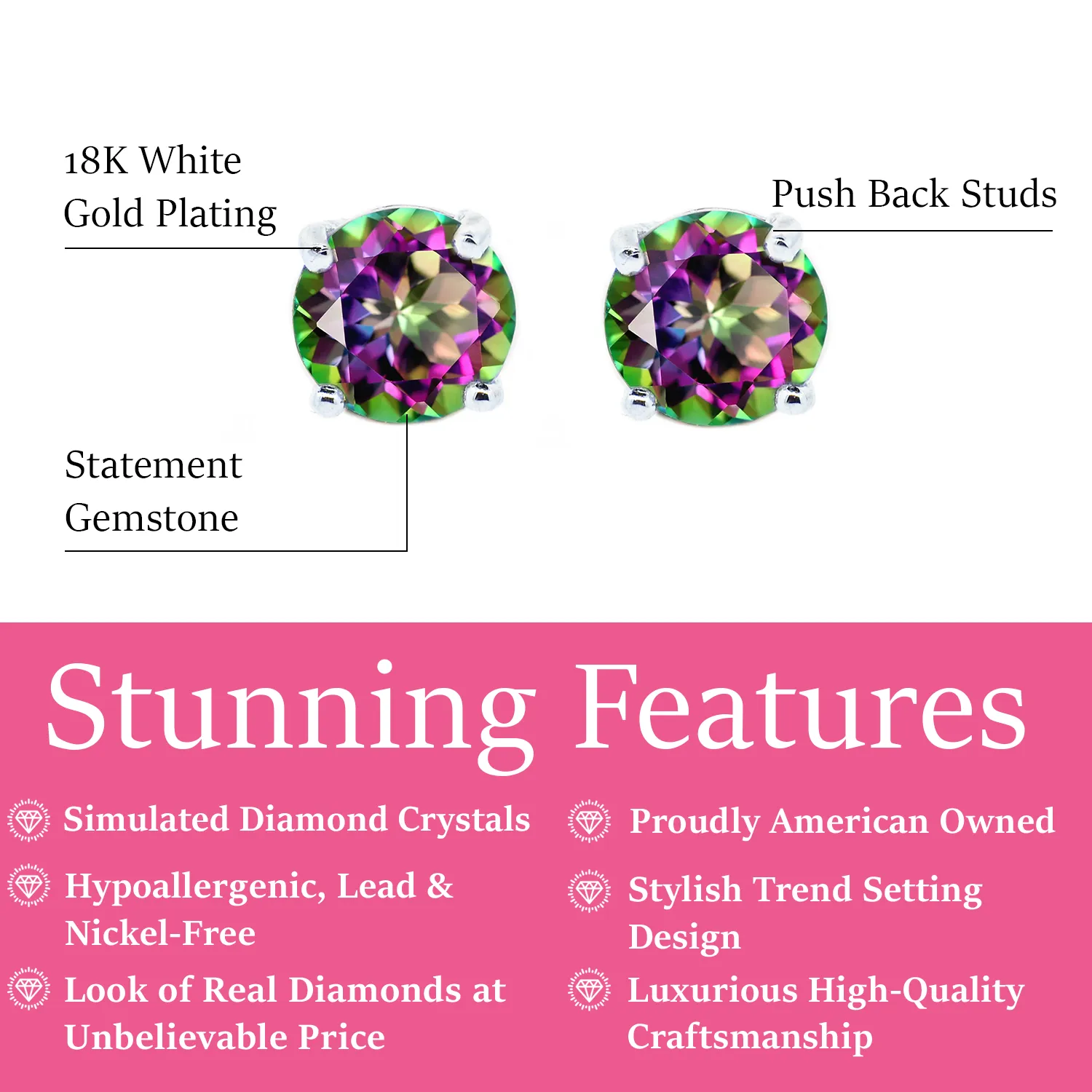 Magnolia 18k White Gold Plated Solitaire Stud Earrings with 1ct Simulated Diamond Crystals