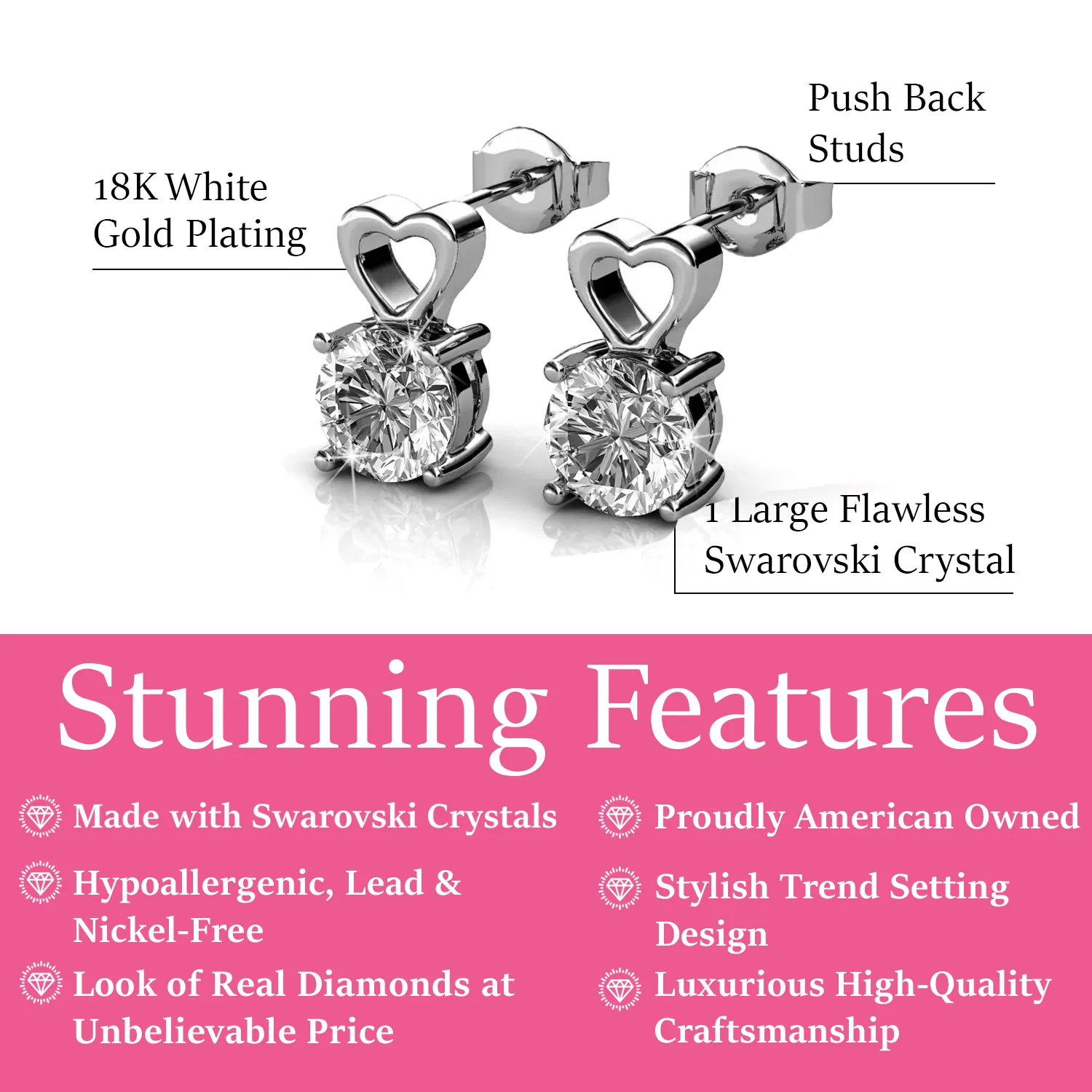 Marian 18k White Gold Plated Heart Earrings with Round Cut Swarovski Crystal