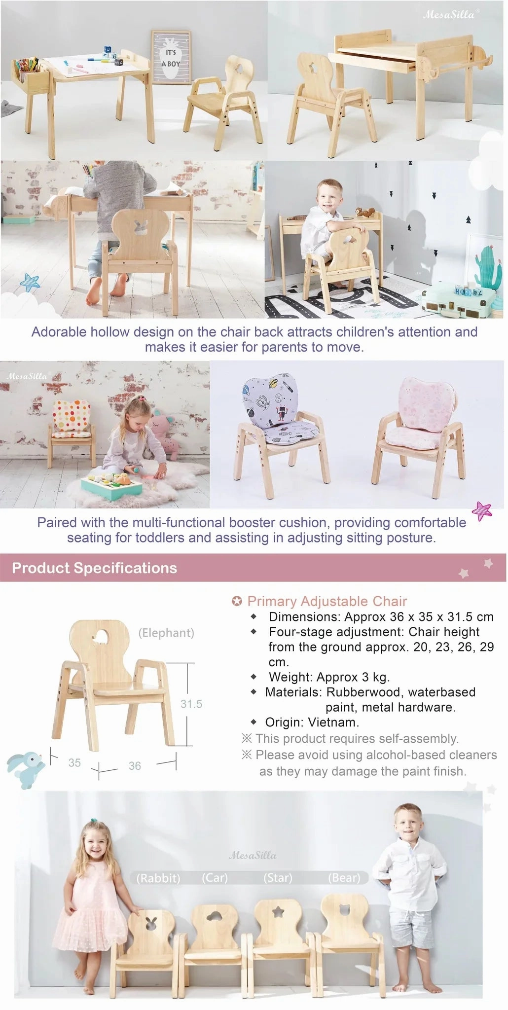 Mesasilla Adjustable Wooden Kids Chair - Ergonomic, Height-Adjustable, Solid Wood | 4 Height Options