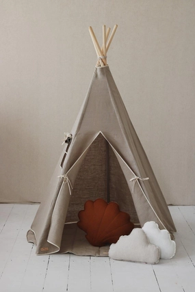 Natural Linen Teepee Tent and "White and Grey" Leaf Mat Set