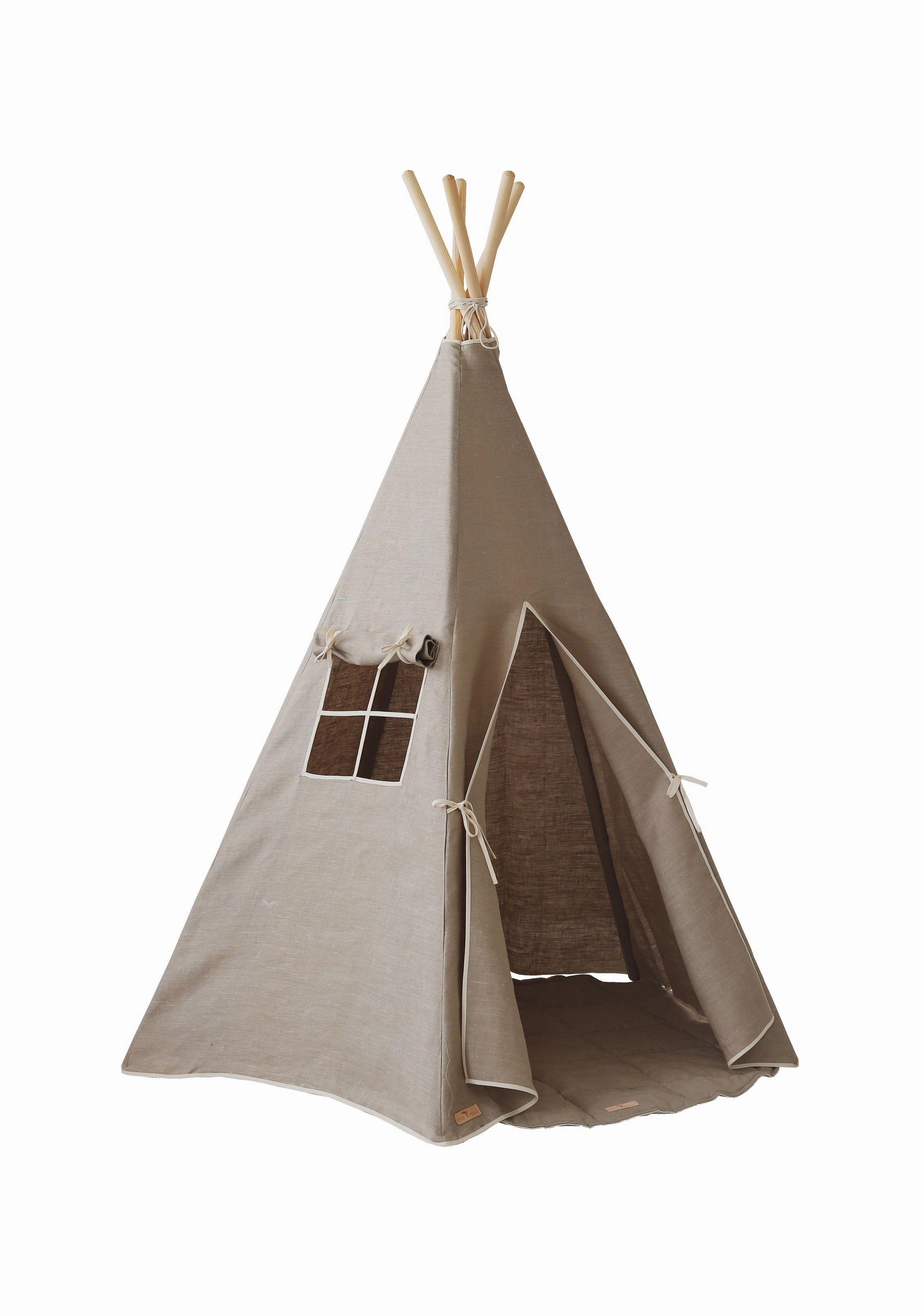 Natural Linen Teepee Tent and "White and Grey" Leaf Mat Set