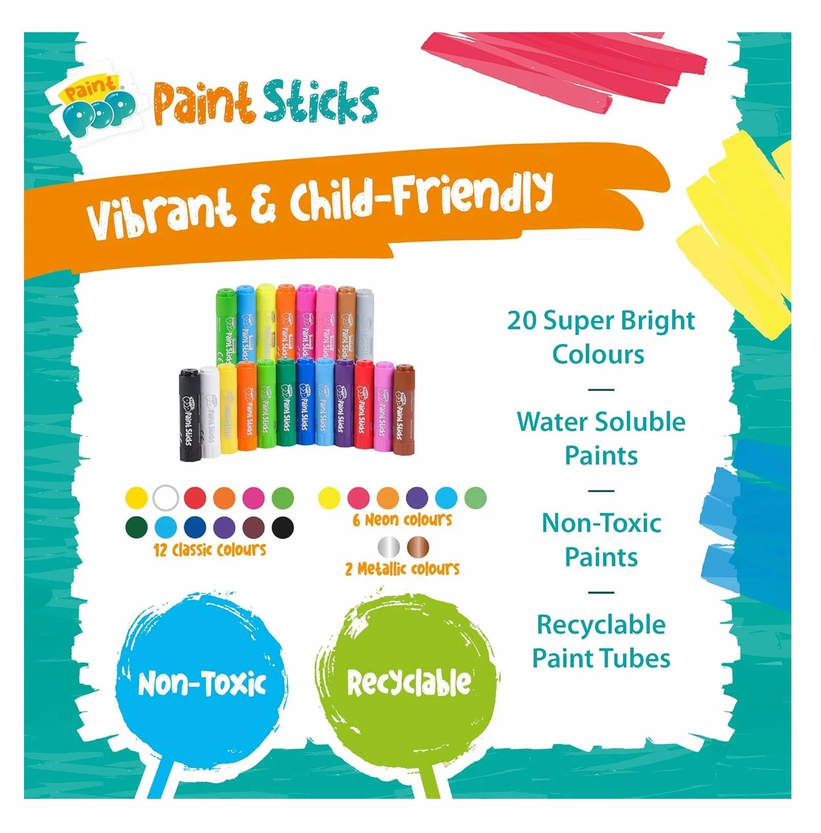 Paint Pop Paint Sticks For Kids - 20 Pack Tubb