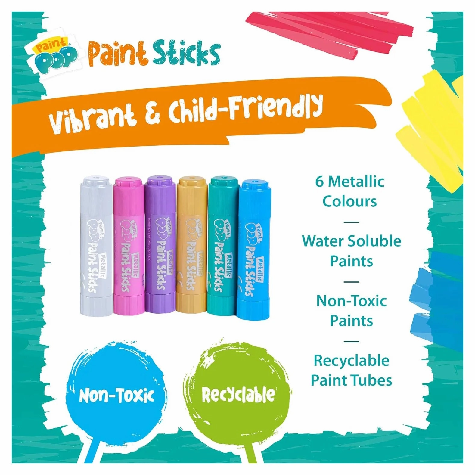 Paint Pop Paint Sticks For Kids - 6 Pack Metallic Assorted Colours
