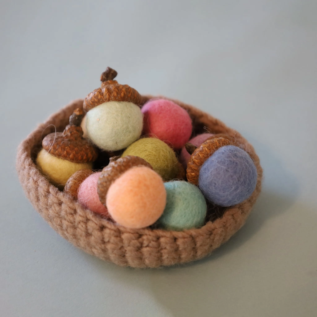 Pastel Felted Acorns in Basket