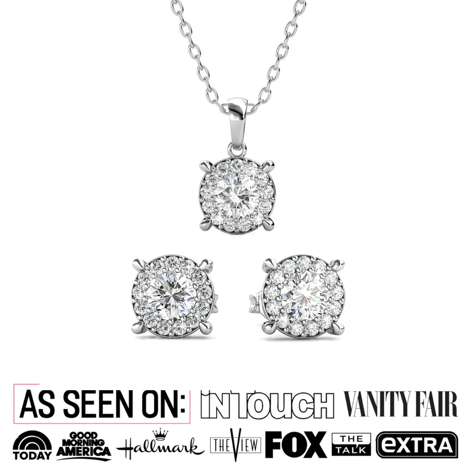 Raylee 18k White Gold Plated Halo Necklace and Stud Earrings Jewelry Set with Swarovski Crystals