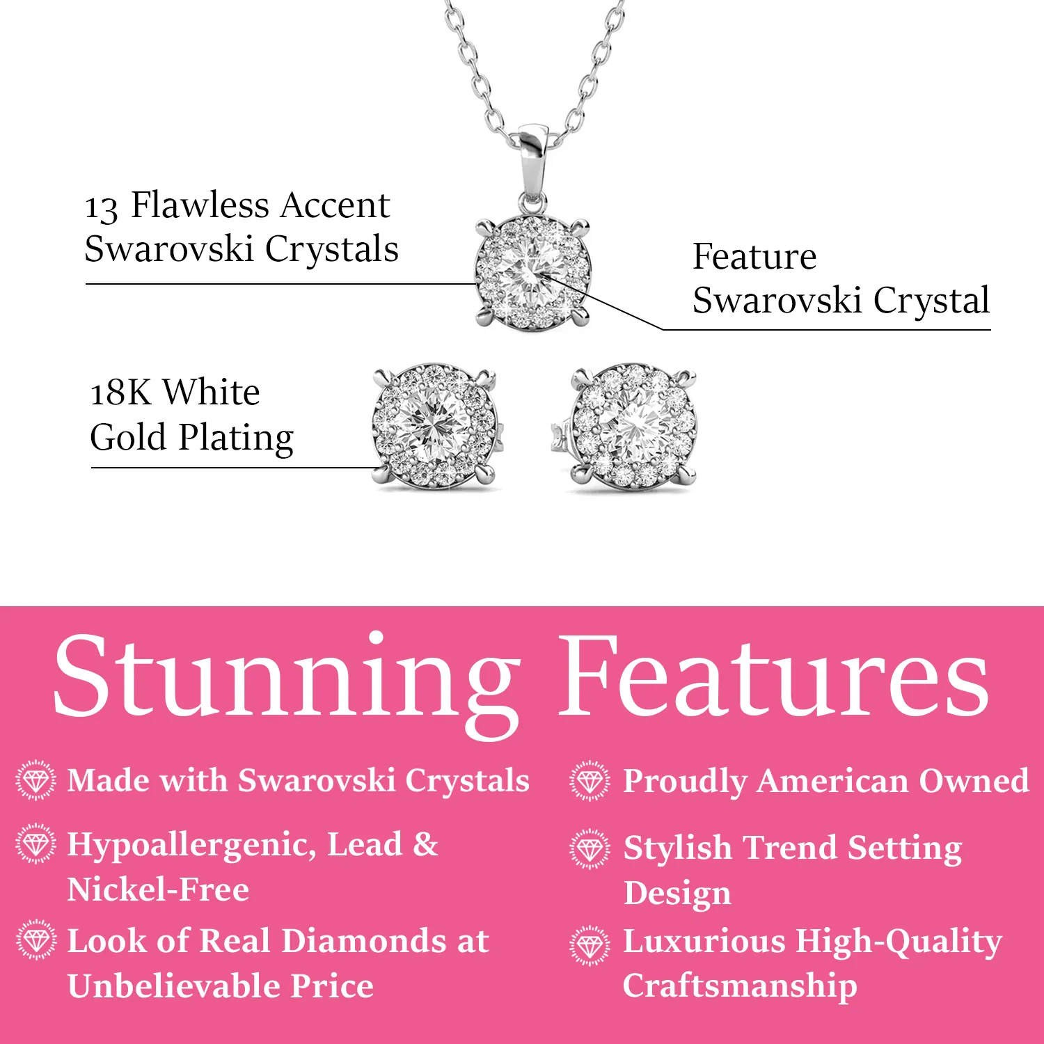 Raylee 18k White Gold Plated Halo Necklace and Stud Earrings Jewelry Set with Swarovski Crystals