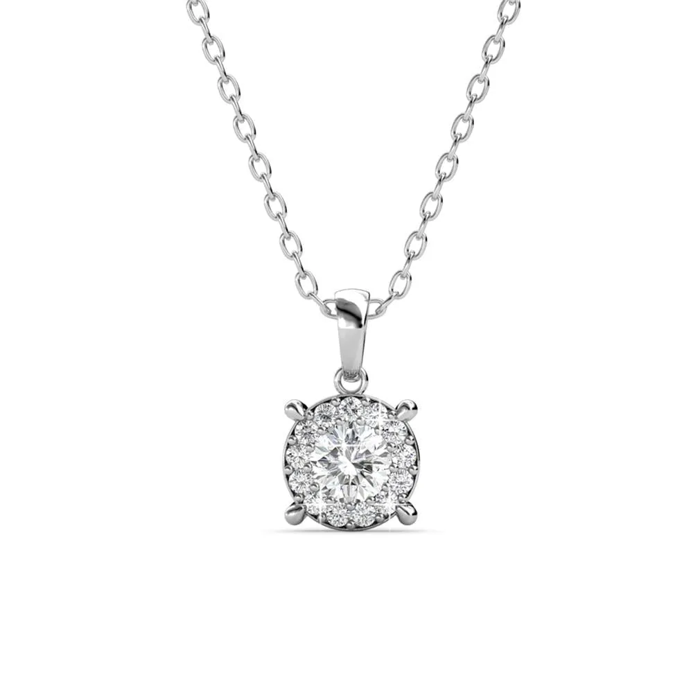 Raylee 18k White Gold Plated Halo Necklace and Stud Earrings Jewelry Set with Swarovski Crystals