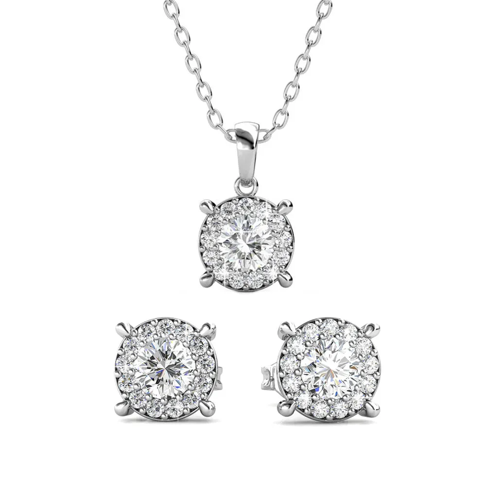 Raylee 18k White Gold Plated Halo Necklace and Stud Earrings Jewelry Set with Swarovski Crystals