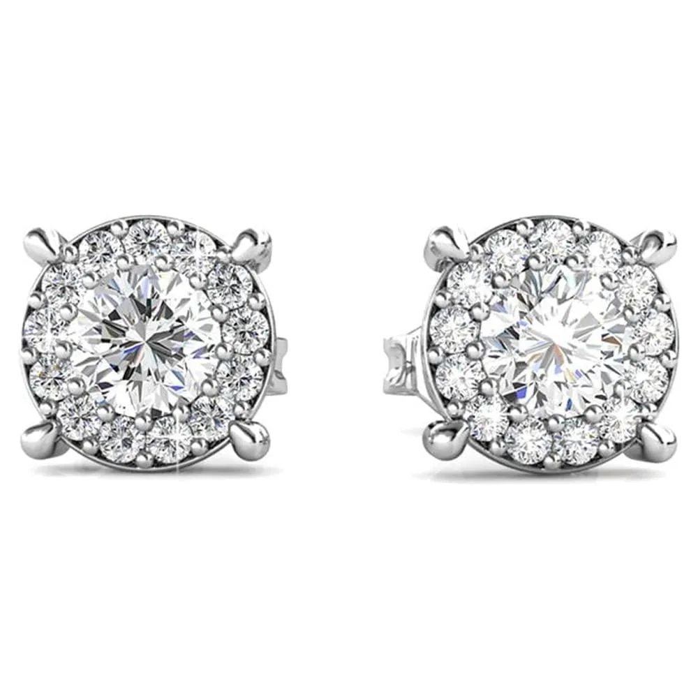 Raylee 18k White Gold Plated Halo Necklace and Stud Earrings Jewelry Set with Swarovski Crystals