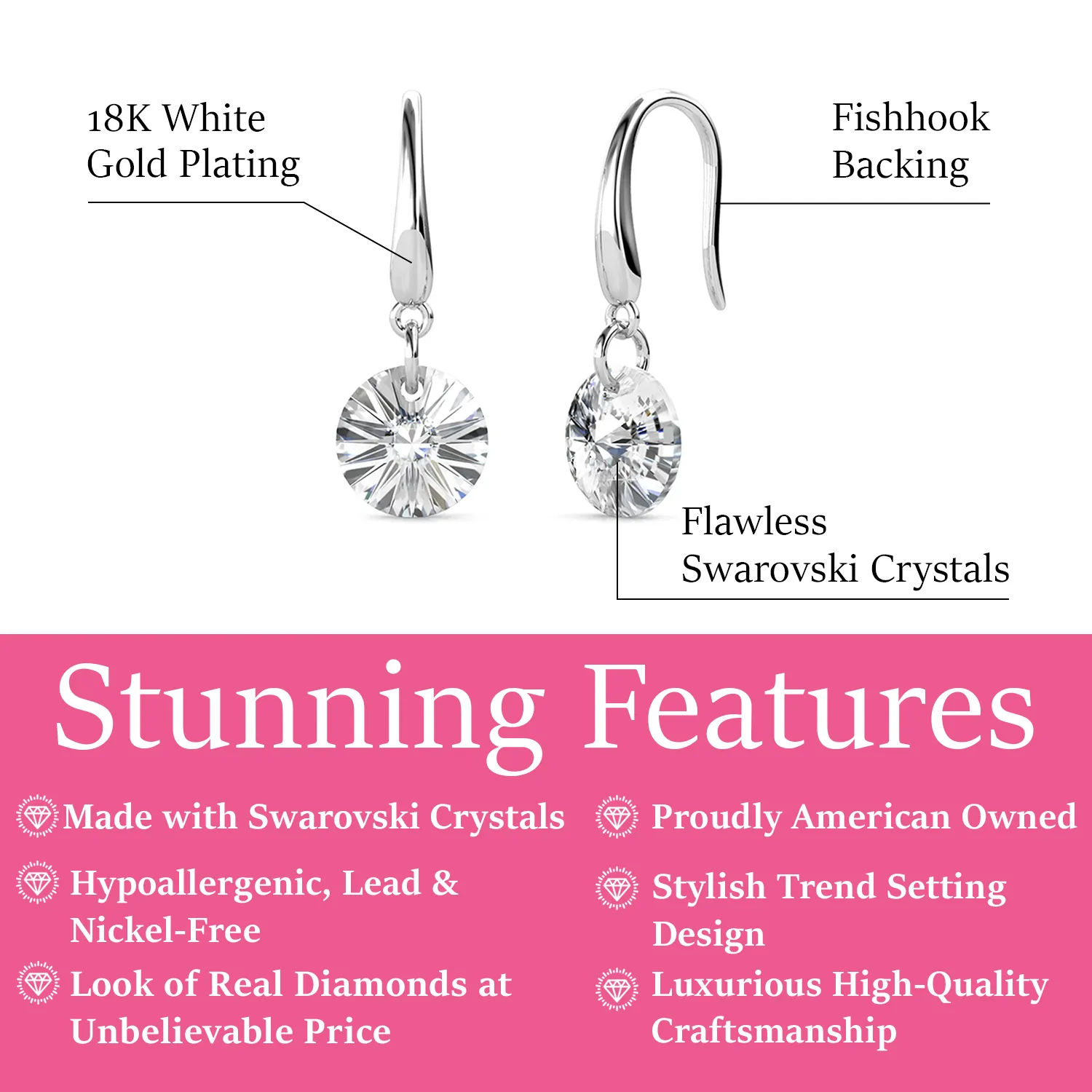 Reese 18k White Gold Plated Earrings with Solitaire Round Cut Swarovski Crystals - Final Sale