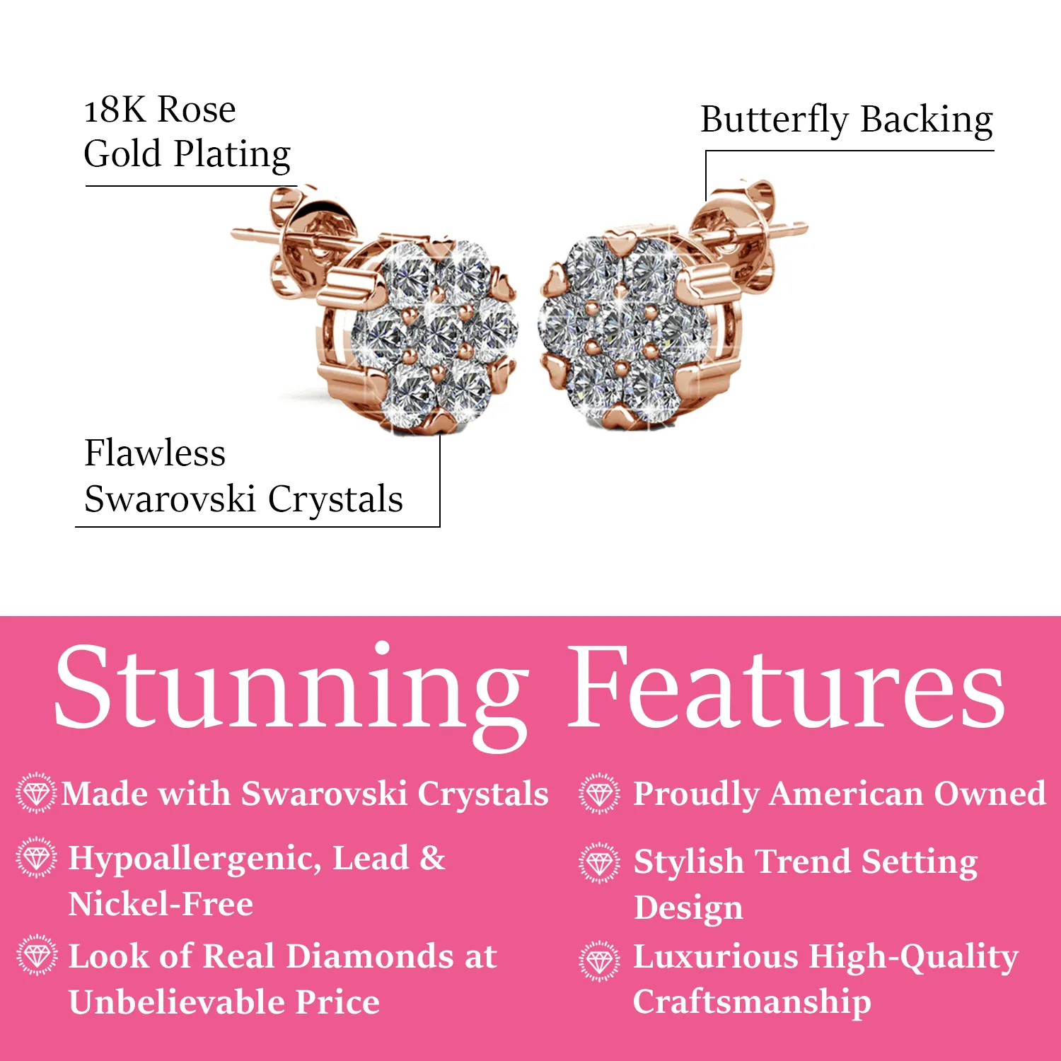 Remy 18k White Gold Plated Stud Earrings with Heart Accents and Swarovski Crystals - Fab Easter Friday Sale