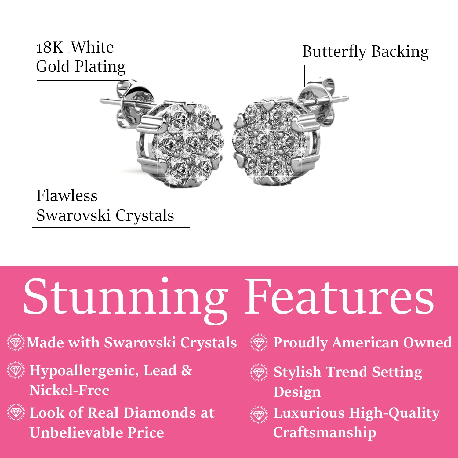 Remy 18k White Gold Plated Stud Earrings with Heart Accents and Swarovski Crystals - Fab Easter Friday Sale