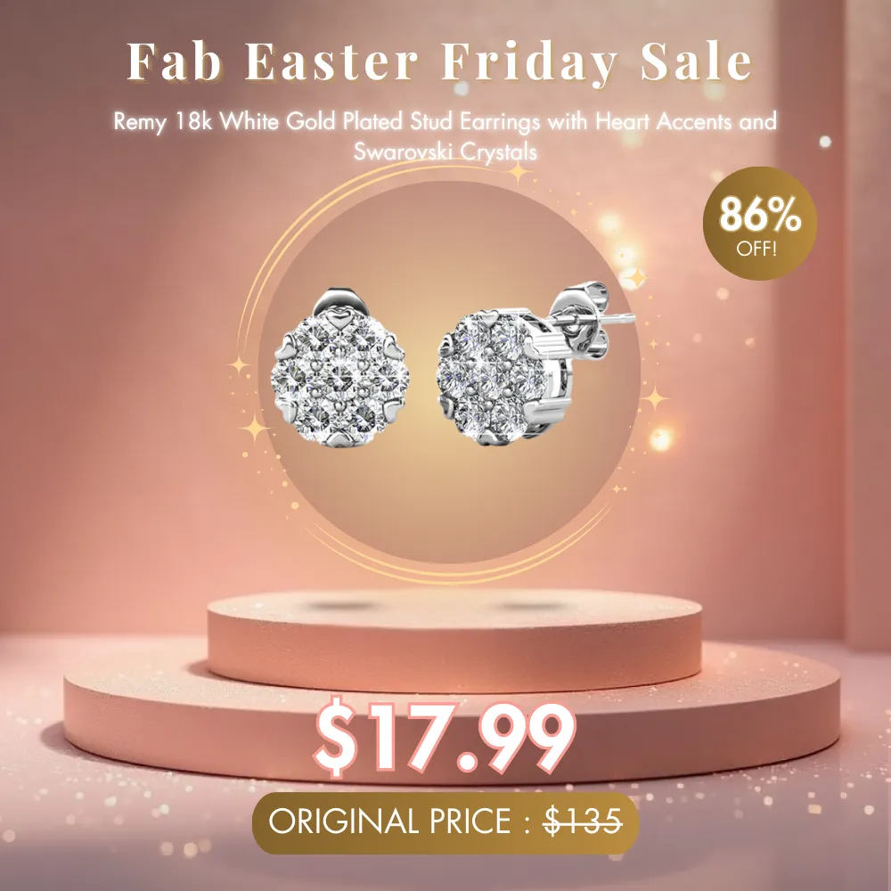 Remy 18k White Gold Plated Stud Earrings with Heart Accents and Swarovski Crystals - Fab Easter Friday Sale