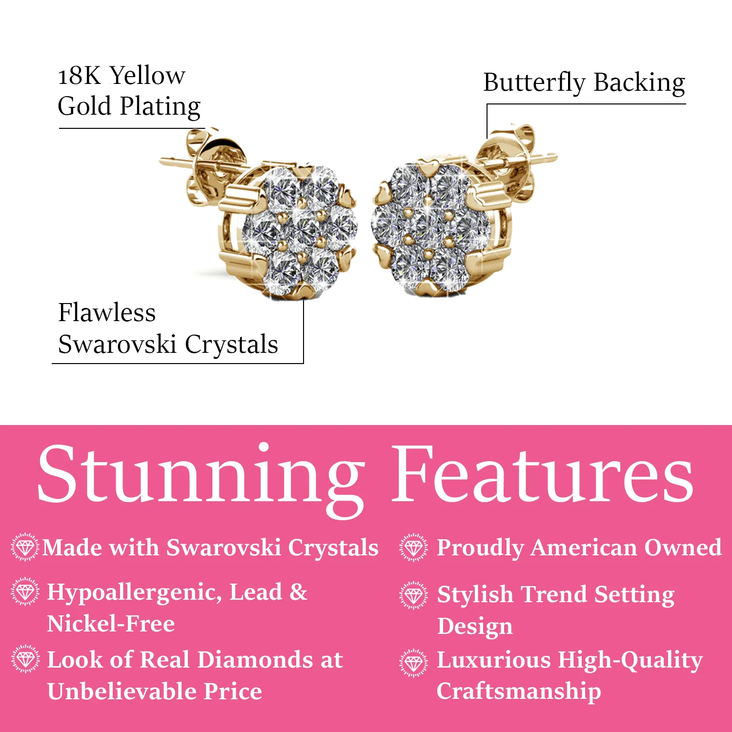 Remy 18k White Gold Plated Stud Earrings with Heart Accents and Swarovski Crystals - Fab Easter Friday Sale